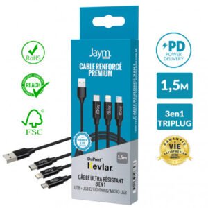 CABLE ULTRA RENFORCÉ TRIPLUG USB VERS LIGHTNING / MICRO-USB / TYPE-C 1,5M - OFF ON Lyon