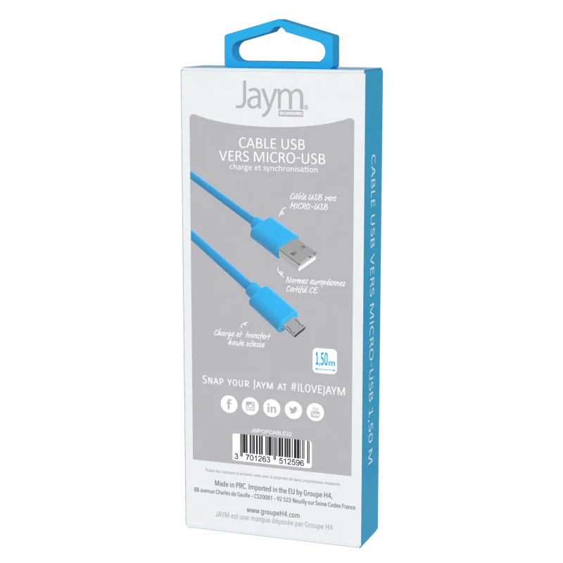 CABLE USB VERS MICRO-USB 1.5M 2.4A BLEU COLLECTION POP - OFF ON Lyon