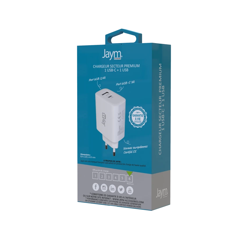 Chargeur Secteur Power Delivery 2 USB 32W Blanc – JAYM - OFF ON Lyon