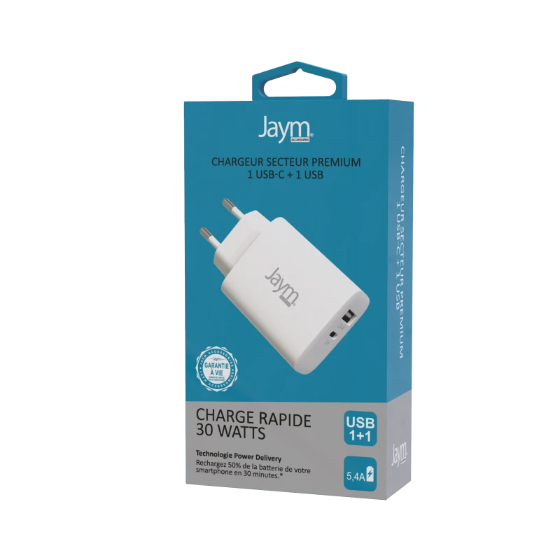 Chargeur Secteur Power Delivery 2 USB 32W Blanc – JAYM - OFF ON Lyon
